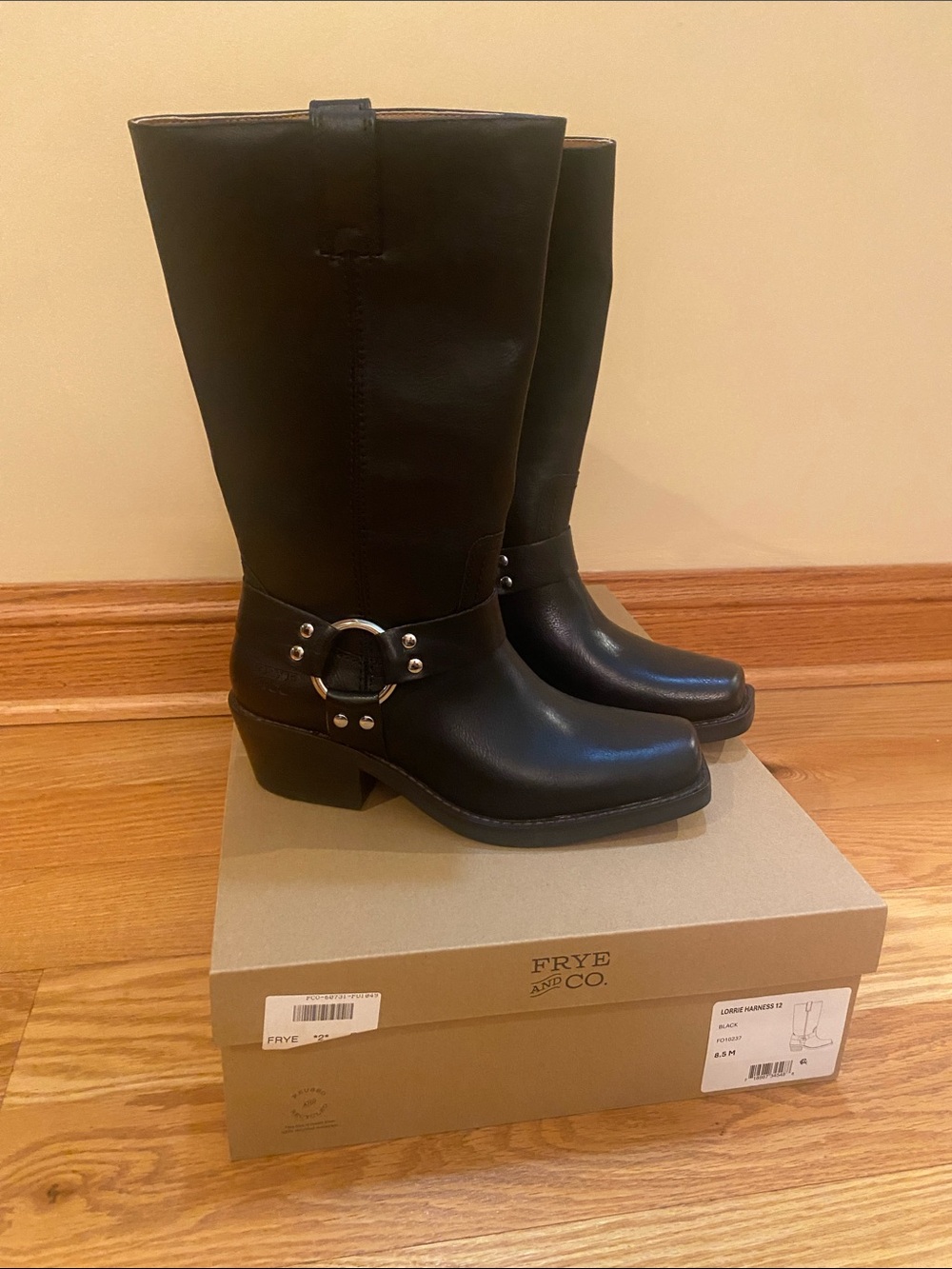 Frye Black Leather Mid-Calf Harness Boots with Ring Detail